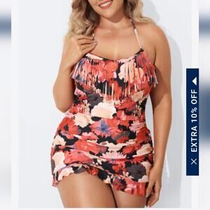 Meet Curve Technicolor Flower Print Ruffle Hem Bandeau Swimdress